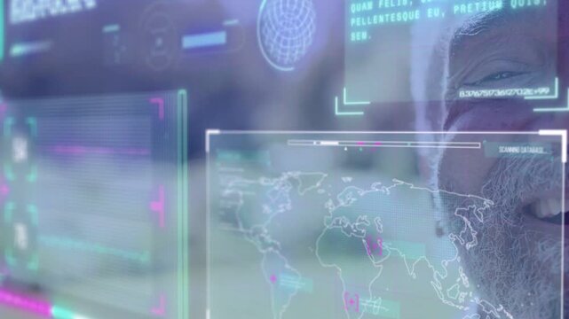 Senior man smiling on right while map updating causing hologram panels moving, monitoring tech