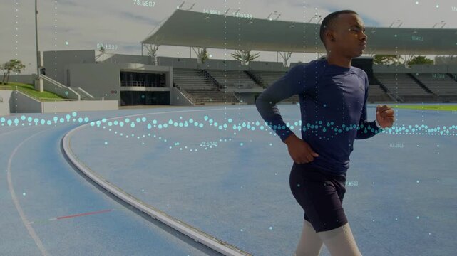 Teen runner entering from right, running clockwise on blue track, data band tracking training pace