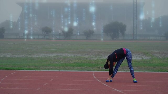 Girl starting sports warmup on track, moving side stretch to forward fold, overlay showing motion