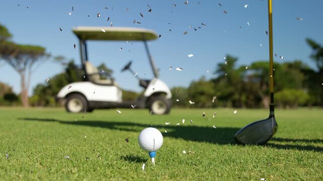 Gloved hand releasing ball while driver striking turf, sending turf spray across green for tee shot