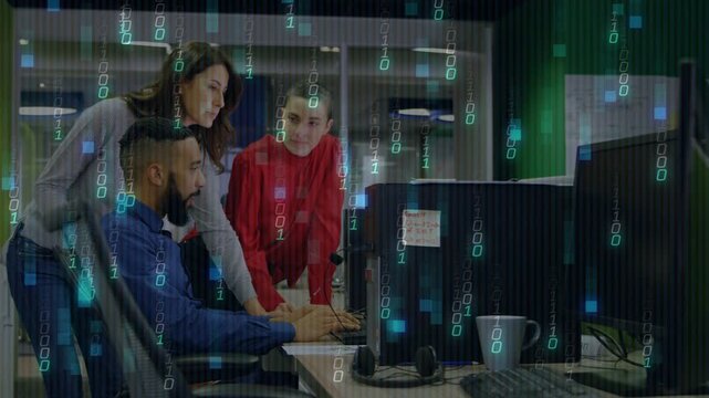 Seated man typing, women leaning, pointing, binary code flowing over screens and hands for bug fix