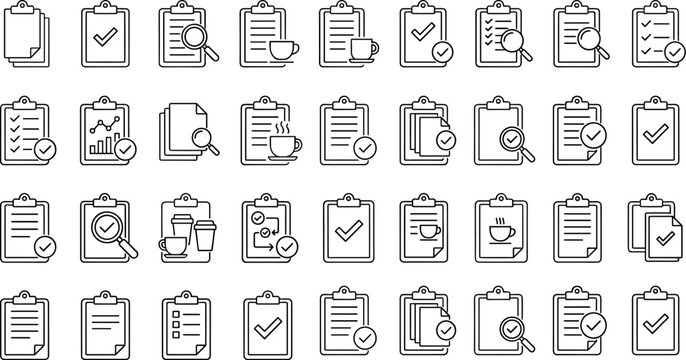 A set of line art style clipboard icons in black lines on a white background, featuring different symbols and checkmarks