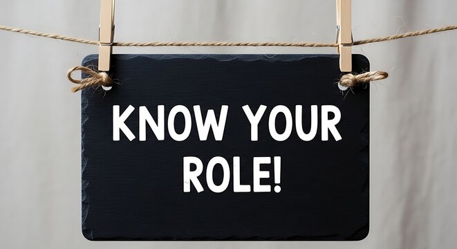 Black slate sign hanging on a string with the words know your role