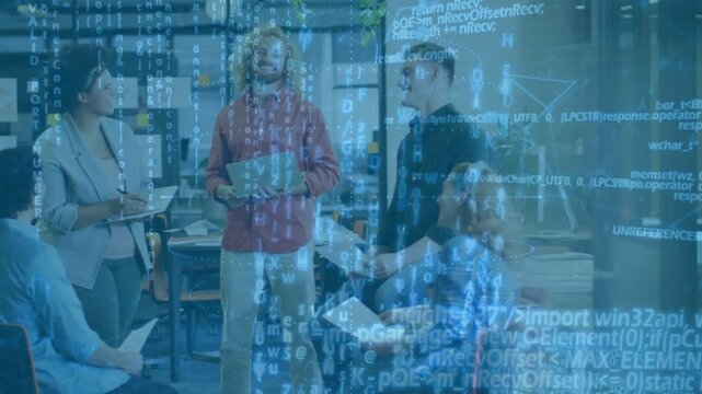 Presenter opening laptop, starting right code overlay, team reviewing papers for tech briefing