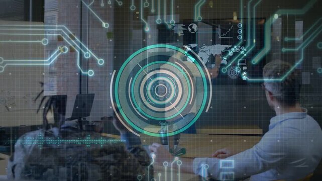 Presenter turning and pointing at display, HUD pulsing, revealing map charts during tech demo