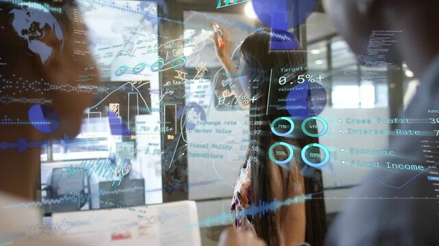 Female presenter writing on glass in business meeting, starting holograms and explaining metrics