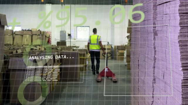 Warehouse worker pulling red pallet jack down aisle, HUD analysing data guiding inspection