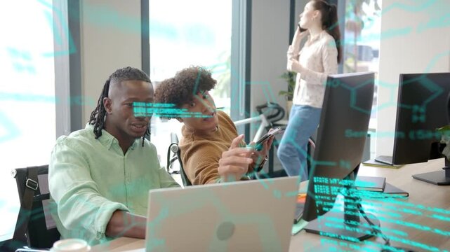 Cyan code drifting triggers two colleagues, left typing, right pointing to debug code