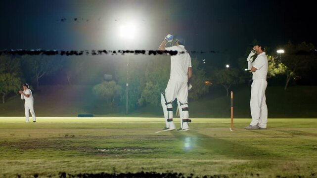 Cricket bowler bowling, batter defending wicket, keeper collecting, glitch stripes flickering