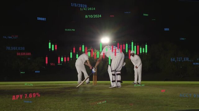 Batter hitting ball, batsmen running for run, fielder diving to run out, finance overlaying pitch
