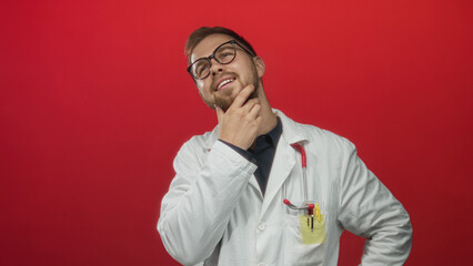 Obraz premium Man doctor young caucasian in white coat with stethoscope and hand on chin in red studio; thoughtful pondering.