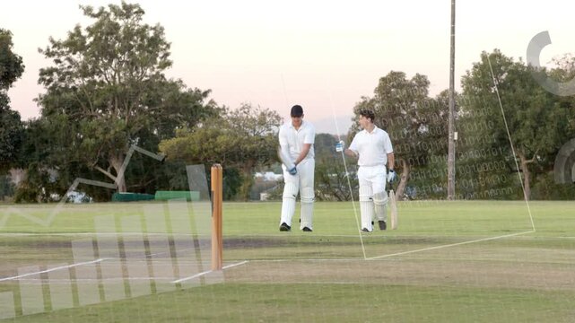 Two cricket batsmen walking to pitch prompted by batting turn, tapping bat, overlaying players
