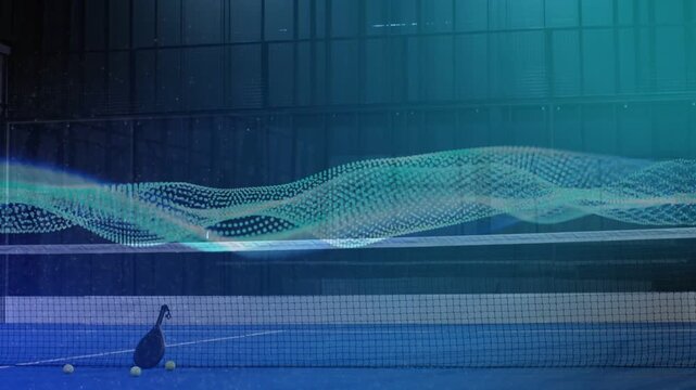 Dotted teal waveform waving and lowering over court, revealing net and hopper for sports training