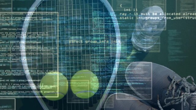 Data starting, racket and balls staying static with code overlays sliding for sports analytics