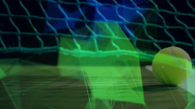 Yellow tennis ball entering from right, rolling on wood floor, polygons drifting, settling near net