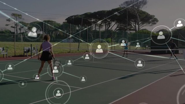 Foreground player moving as network overlay appearing at center, expanding to show court coverage