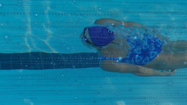 Swimmer ending glide along black lane, initiating pull, lifting head, breathing, training laps