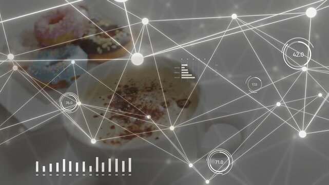 White ceramic cup staying still while data HUD launching from start, nodes and gauges showing data