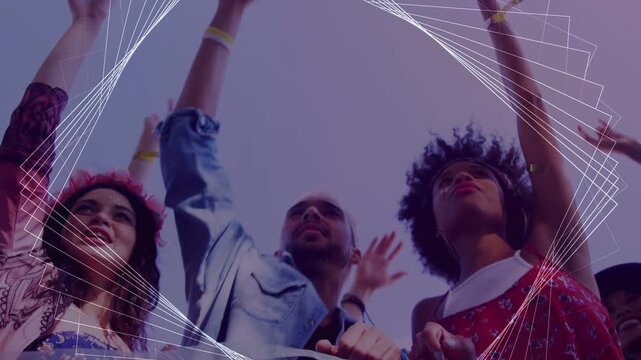 3 adult fans lifting arms leaning on rail music starting watching stage geometric overlay framing