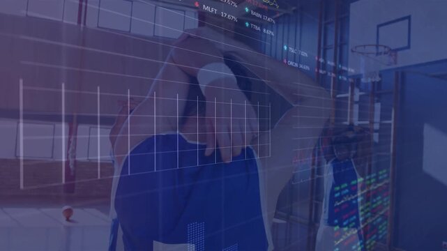 Number 7 player stretching on court as finance gridlines and charts fading in, marking drill prep