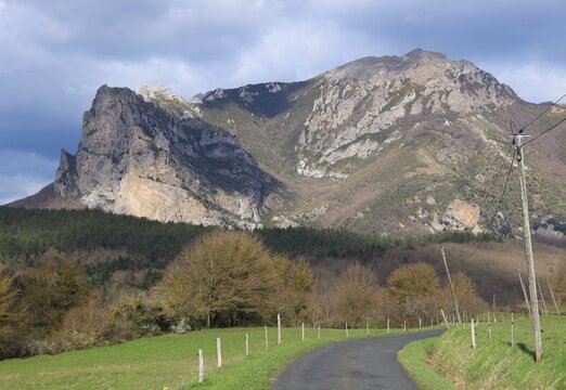 Winding road leading towards Pic de Bugarach, the highest peak in the Corbi&egrave;res mountains in Aude department, France