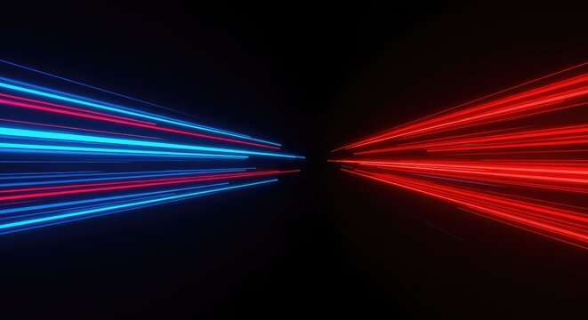 Abstract dark background with dynamic, glowing, blue and red speed lines representing velocity, movement, and powerful kinetic energy flow, fast, red, movement