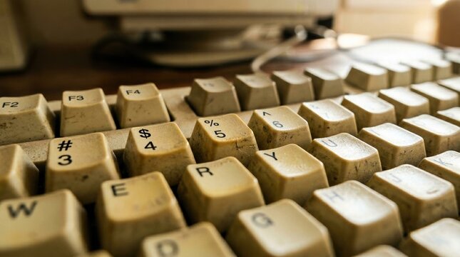 Vintage computer keys with close-up of keyboard numeric row and symbols viewed from a low-angle perspective in warm light. 