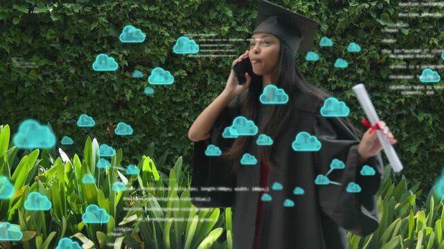 Graduate walking near center speaking on phone with diploma sharing news sparking cloud code around