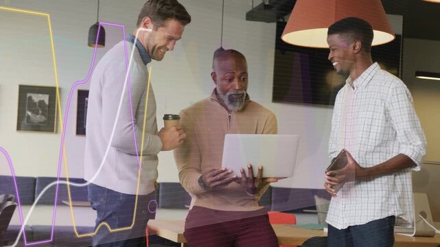 Lead tilting laptop, team leaning in and reviewing tech pitch while colored lines overlaying