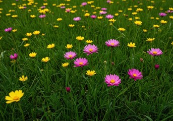Fototapeta premium Vibrant pink and yellow wildflowers cover a lush green meadow, signifying the arrival of springtime and abundant natural beauty, flora, beauty, meadow
