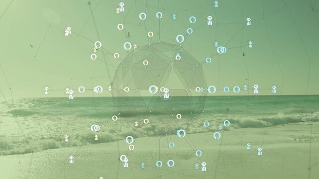 Sequence progressing node field brightening over shoreline geodesic dome pulsing reshaping for tech