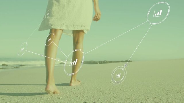 Woman walking along shore node appearing near foot forming tech bar-chart network showing gait data