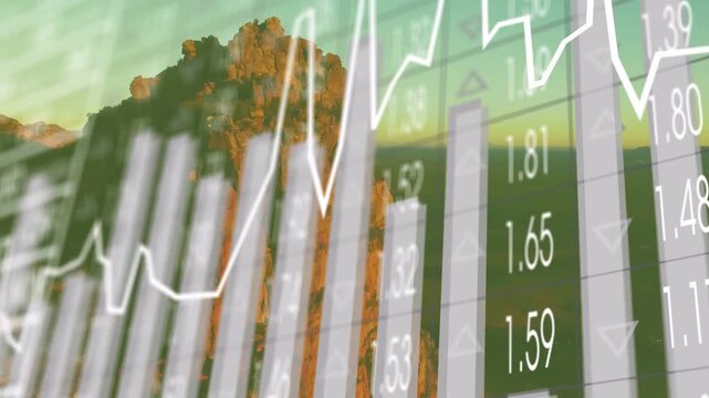Numeric grid appearing white line peaking and bars rising over red cliff showing market trends
