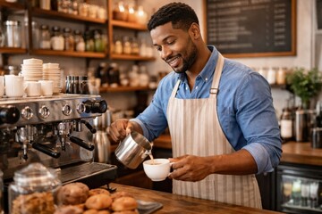 Fototapeta premium African American male barista in blue shirt and apron pours steamed milk into a cup at a coffee shop with baked goods and shelves in the background
