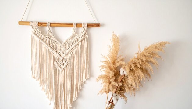 Bohemian macram&eacute; wall hanging with triangular knots and fringes on wooden dowel, pampas grass decor, minimalist natural design against white background.