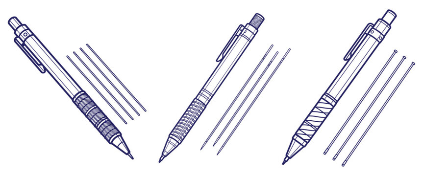 Mechanical pencil and lead refills set with different grip textures and clip designs for stationery and office supplies.