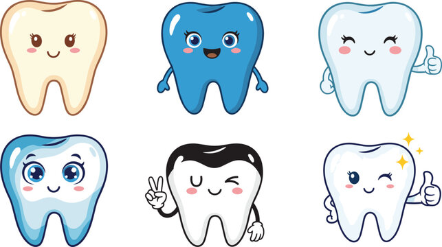Cute Cartoon Tooth Characters with Smiling Faces, Kawaii Style, Healthy Teeth, Vector Design