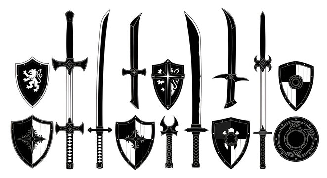 Black Silhouettes of Fantasy Swords and Knight Shields on White Background