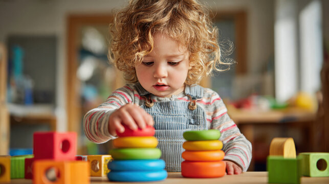 Young child stacking colorful rings in a classroom during playtime