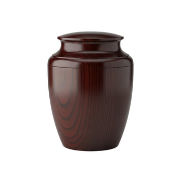 Elegant wooden dark brown cremation urn for ashes, isolated on transparent background. Funeral home and cremation services, memories and paying respect. Crematoriums and columbarium niches