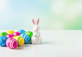 Fototapeta premium A festive scene showing colorful dyed Easter eggs next to a cute decorative rabbit figure, ready for a spring holiday celebration, horizontal, season, hunt