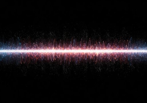 Abstract quantum energy wave pattern pulsing across a dark digital backdrop, representing vibrational physics and synchronized data flow, abstract, subatomic, synchronicity