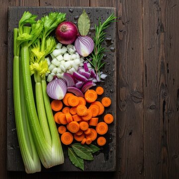 A rustic overhead shot of freshly prepared soup ingredients, including chopped carrots, celery stalks, and onions, arranged on a wooden board, healthy, cooking, white