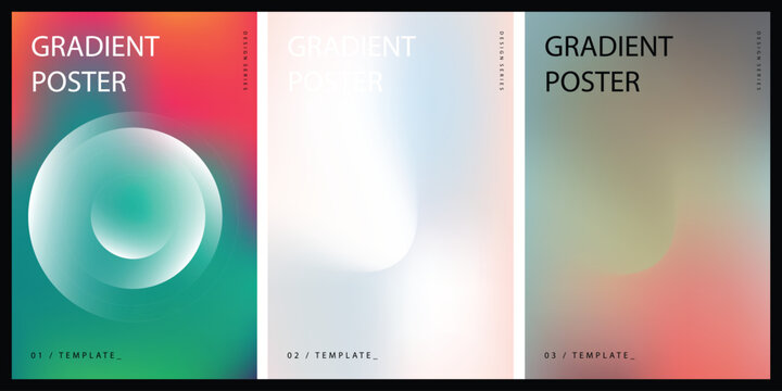 Three distinct abstract gradient posters featuring soft rounded luminous circles and text templates for design series applications