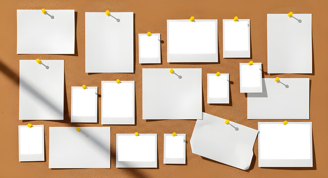 Wide-angle 3D render of a corkboard featuring two symmetrical groups of blank instant photo frames and white paper notes pinned with yellow tacks. Ideal for wide website banners and moodboards.