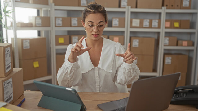 Woman wearing glasses and a white blouse gesturing while speaking over parcels, tablet and laptop at a packing desk in a building storage room; small business frustration.