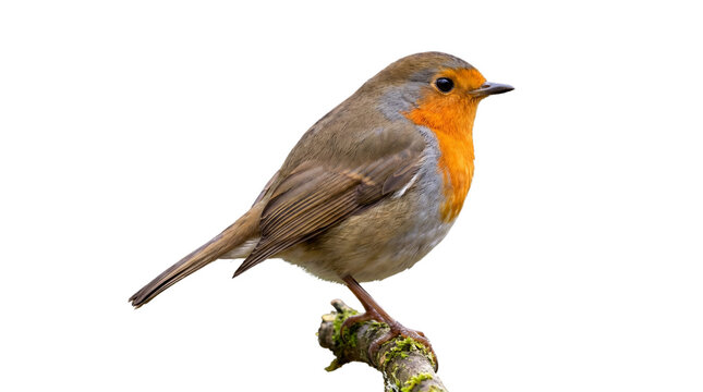 Beautiful European Robin perched on a moss-covered branch, with its characteristic red breast and gentle gaze, captured in a studio setting against a clean white background