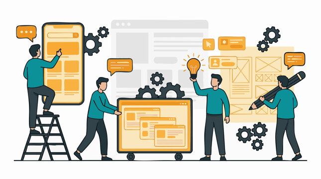 Team collaborating on UI/UX design, mobile app development, and web solutions