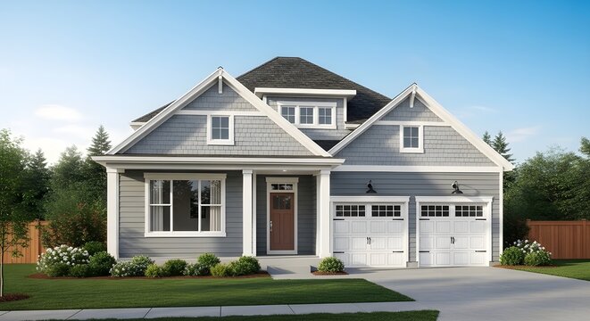 Modern Gray Suburban House with White Garage Doors and Landscaping