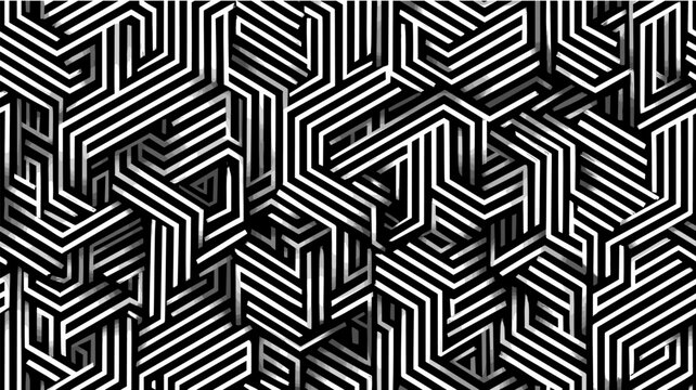 Abstract stripped pattern creating intricate three dimensional geometric shapes and optical illusion. Isometric black and white striped geometric pattern creating abstract maze
